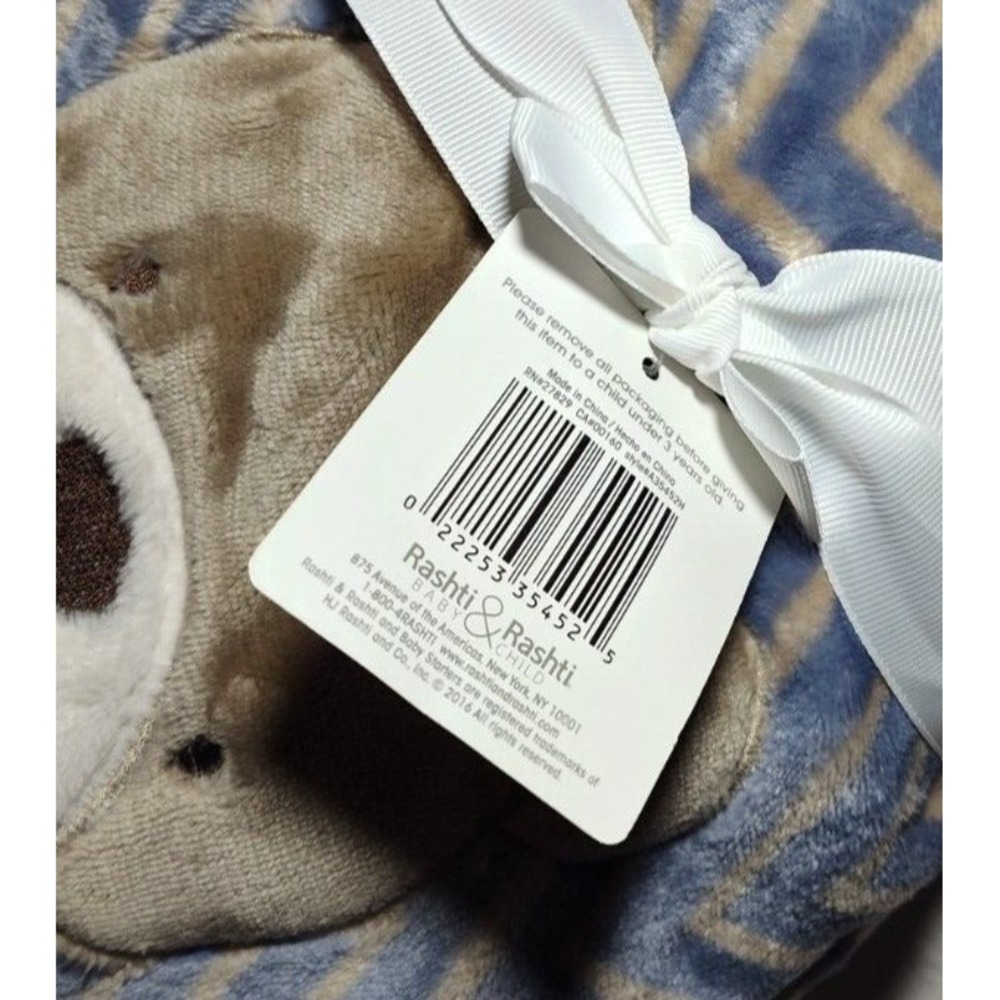 Baby Starters Blue Chevron Bear Face Blanket Brown Tan Soft Lovey Zig Zag NWT - Picture 2 of 3